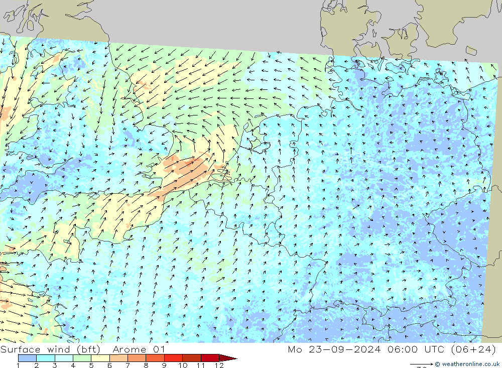 Bodenwind (bft) Arome 01 Mo 23.09.2024 06 UTC