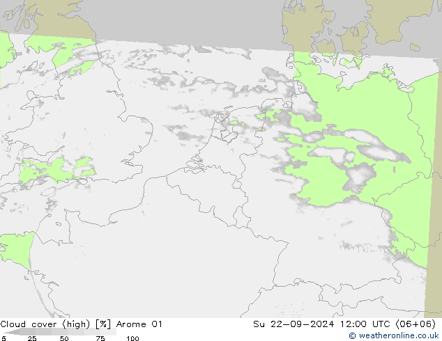 Cloud cover (high) Arome 01 Su 22.09.2024 12 UTC