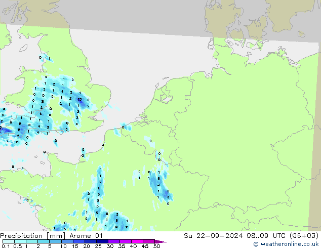 Srážky Arome 01 Ne 22.09.2024 09 UTC