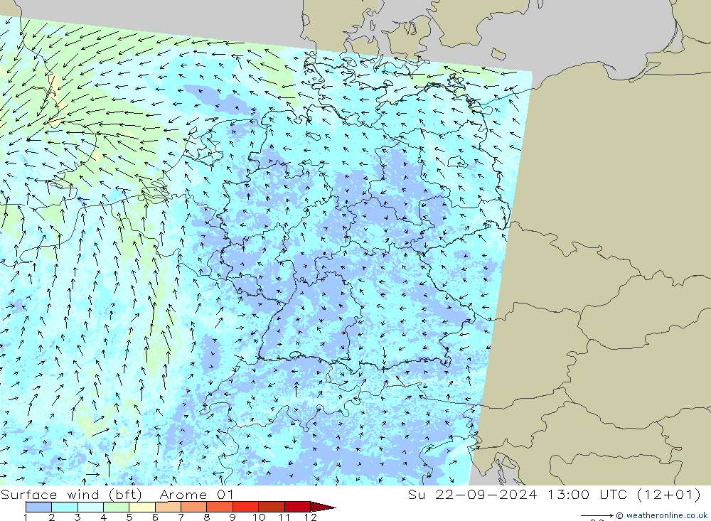 Bodenwind (bft) Arome 01 So 22.09.2024 13 UTC