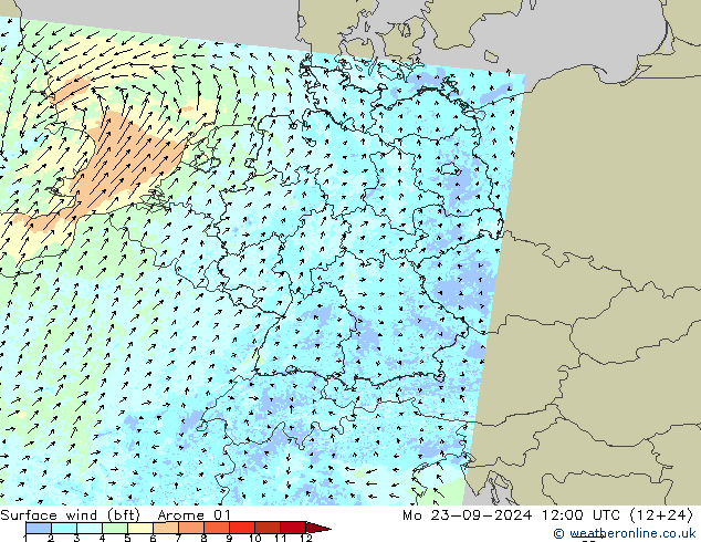 Bodenwind (bft) Arome 01 Mo 23.09.2024 12 UTC