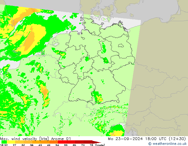 Max. wind velocity Arome 01 Mo 23.09.2024 18 UTC