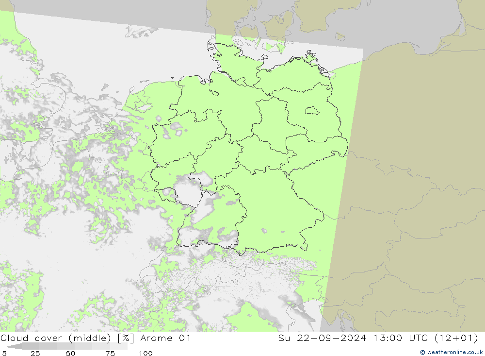 Cloud cover (middle) Arome 01 Su 22.09.2024 13 UTC