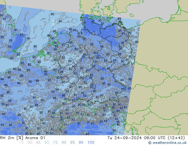 Humidité rel. 2m Arome 01 mar 24.09.2024 06 UTC