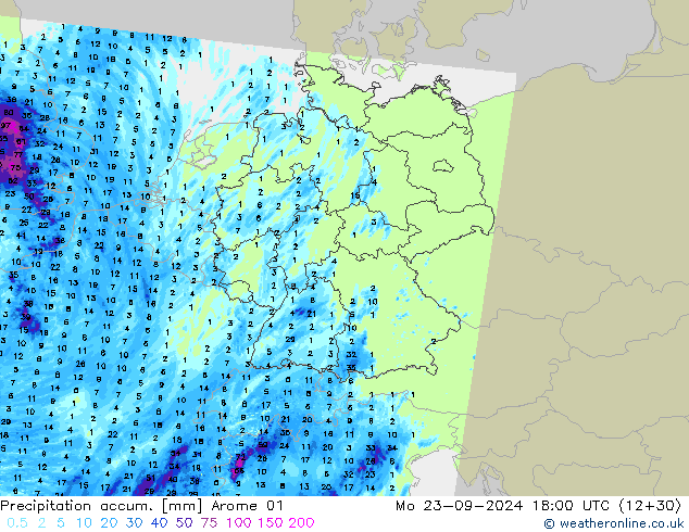 Totale neerslag Arome 01 ma 23.09.2024 18 UTC