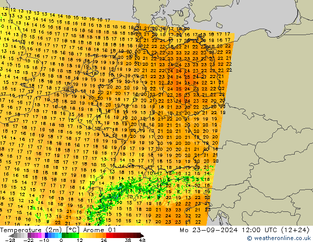 Temperatuurkaart (2m) Arome 01 ma 23.09.2024 12 UTC