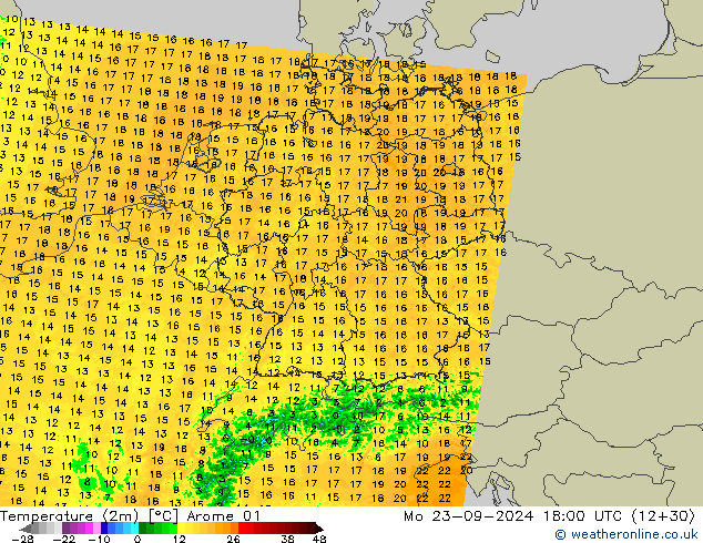 Temperature (2m) Arome 01 Mo 23.09.2024 18 UTC