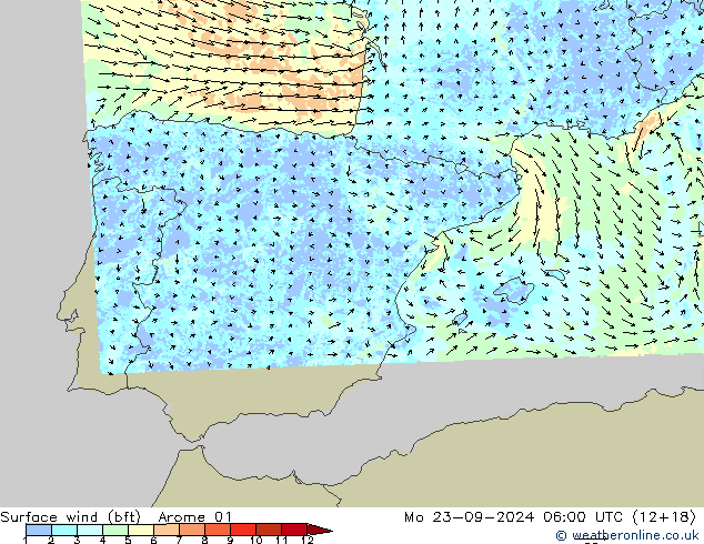 Bodenwind (bft) Arome 01 Mo 23.09.2024 06 UTC