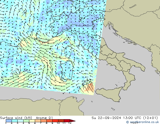 Wind 10 m (bft) Arome 01 zo 22.09.2024 13 UTC