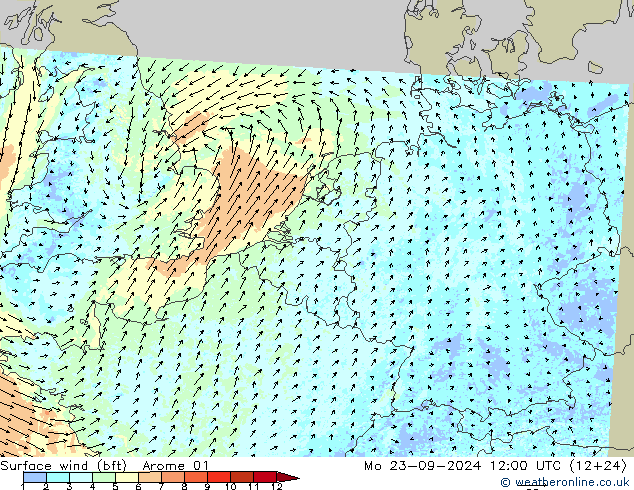 Bodenwind (bft) Arome 01 Mo 23.09.2024 12 UTC