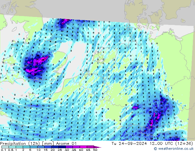 Yağış (12h) Arome 01 Sa 24.09.2024 00 UTC