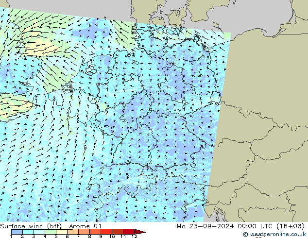 Bodenwind (bft) Arome 01 Mo 23.09.2024 00 UTC