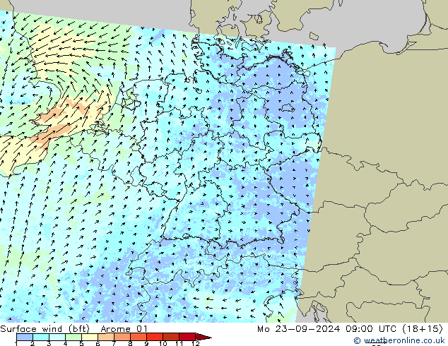 Vent 10 m (bft) Arome 01 lun 23.09.2024 09 UTC