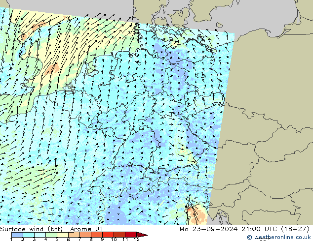 Viento 10 m (bft) Arome 01 lun 23.09.2024 21 UTC