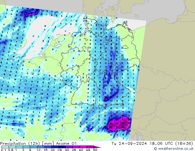 Precipitation (12h) Arome 01 Tu 24.09.2024 06 UTC