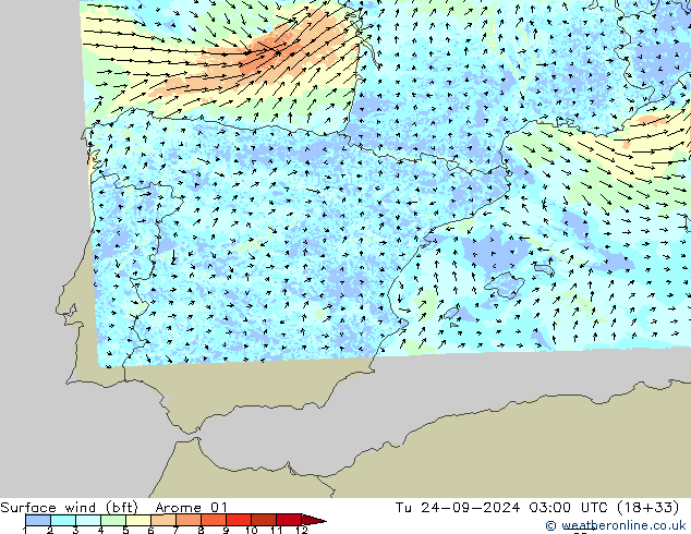 Surface wind (bft) Arome 01 Út 24.09.2024 03 UTC