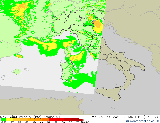 Max. wind velocity Arome 01  23.09.2024 21 UTC