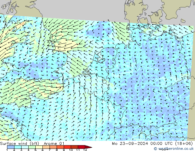 Surface wind (bft) Arome 01 Po 23.09.2024 00 UTC