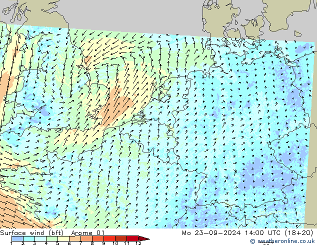 Surface wind (bft) Arome 01 Mo 23.09.2024 14 UTC