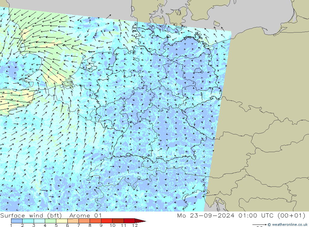 Surface wind (bft) Arome 01 Mo 23.09.2024 01 UTC