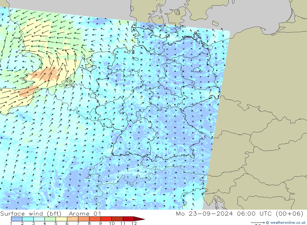 Bodenwind (bft) Arome 01 Mo 23.09.2024 06 UTC