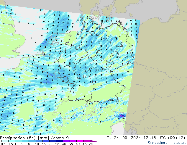 Precipitation (6h) Arome 01 Út 24.09.2024 18 UTC