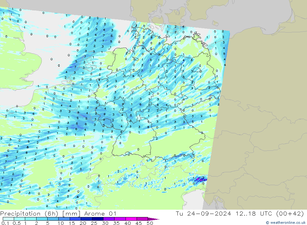 降水量 (6h) Arome 01 星期二 24.09.2024 18 UTC