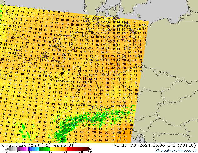 Temperature (2m) Arome 01 Mo 23.09.2024 09 UTC