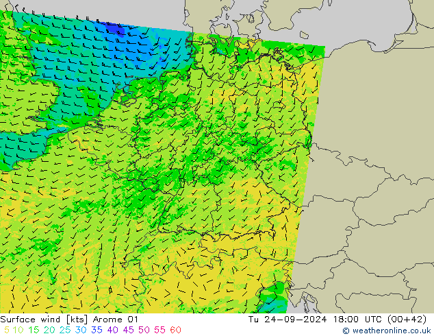 Surface wind Arome 01 Út 24.09.2024 18 UTC