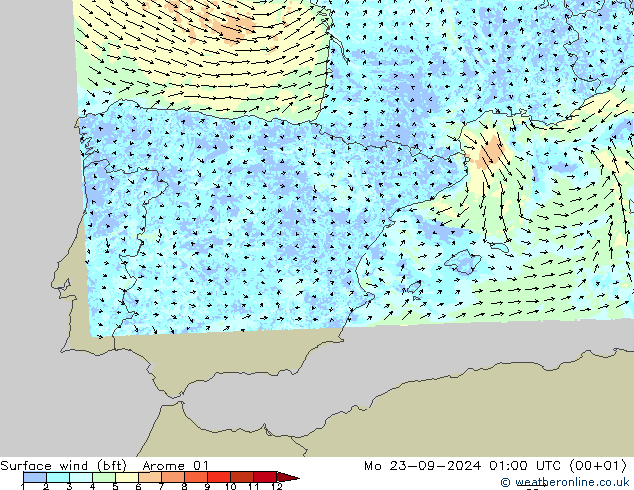 Surface wind (bft) Arome 01 Po 23.09.2024 01 UTC