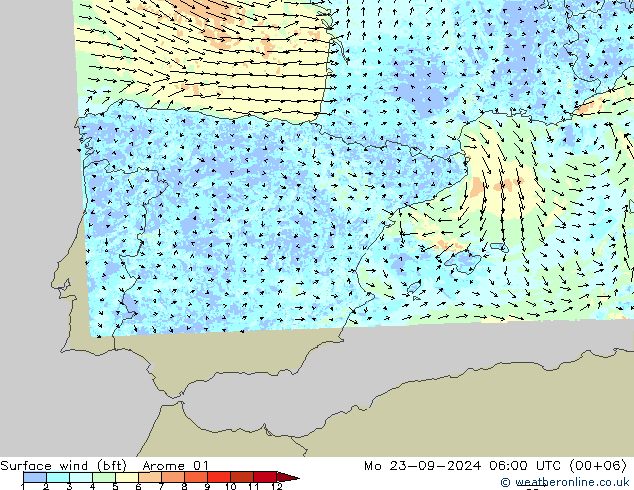 Viento 10 m (bft) Arome 01 lun 23.09.2024 06 UTC