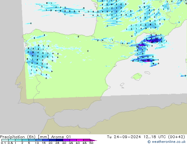 Totale neerslag (6h) Arome 01 di 24.09.2024 18 UTC