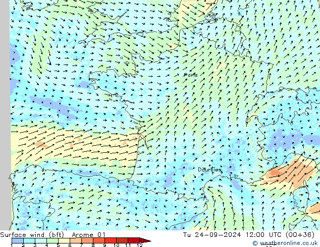 Bodenwind (bft) Arome 01 Di 24.09.2024 12 UTC