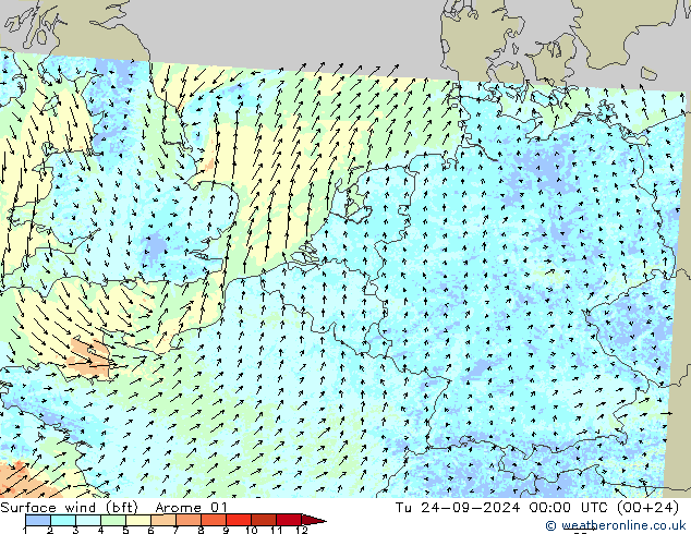 Surface wind (bft) Arome 01 Út 24.09.2024 00 UTC