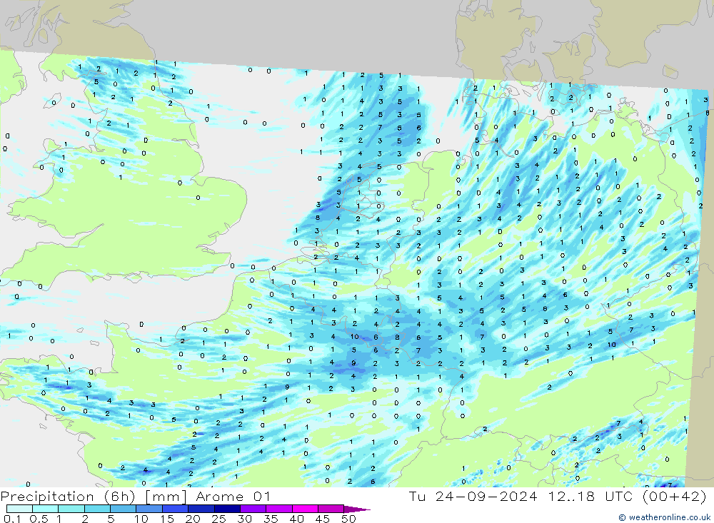 Precipitation (6h) Arome 01 Tu 24.09.2024 18 UTC