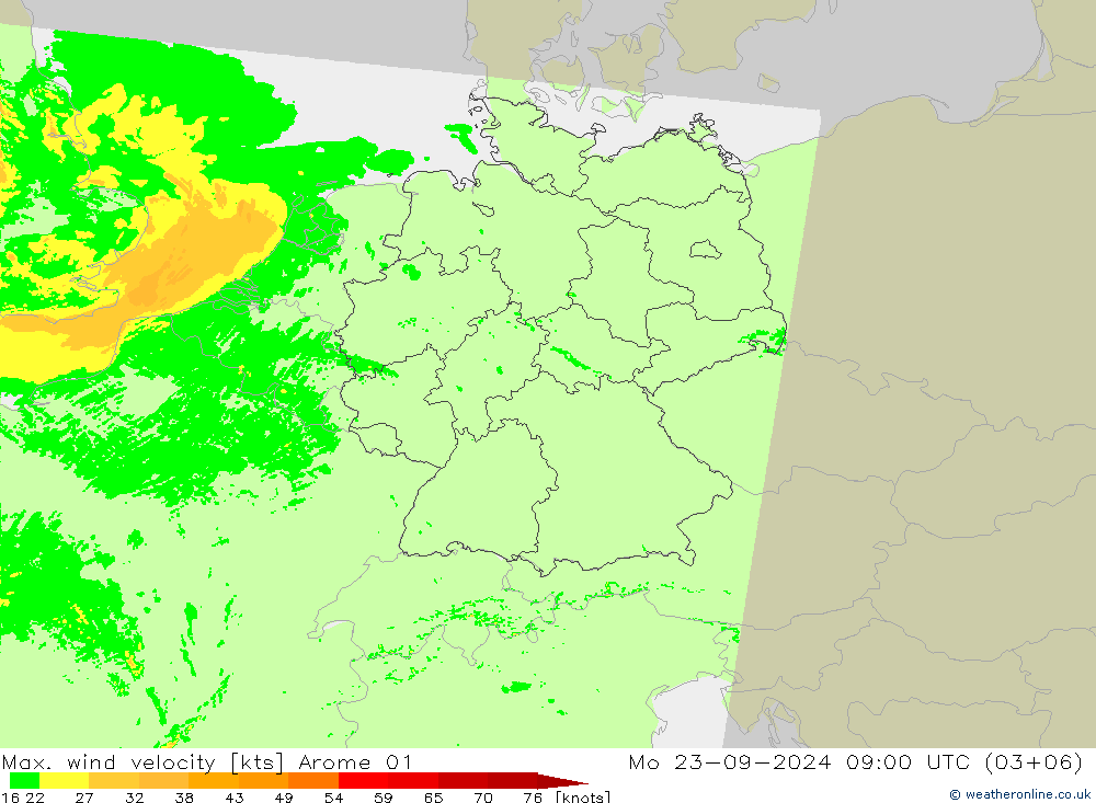 Max. wind snelheid Arome 01 ma 23.09.2024 09 UTC