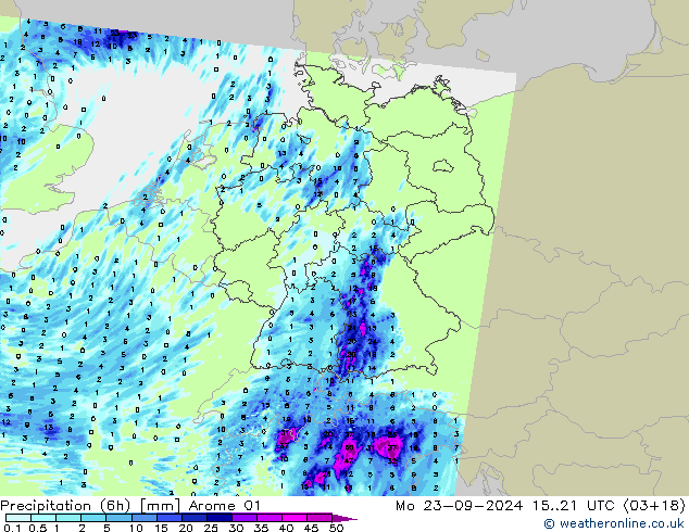 降水量 (6h) Arome 01 星期一 23.09.2024 21 UTC