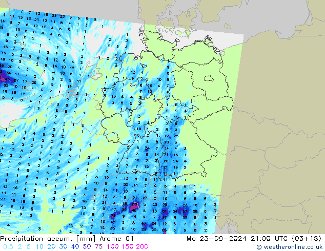 Précipitation accum. Arome 01 lun 23.09.2024 21 UTC