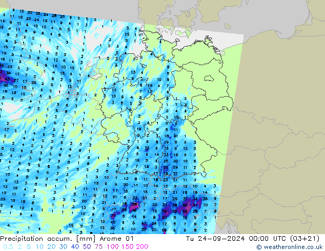 Precipitation accum. Arome 01 Út 24.09.2024 00 UTC