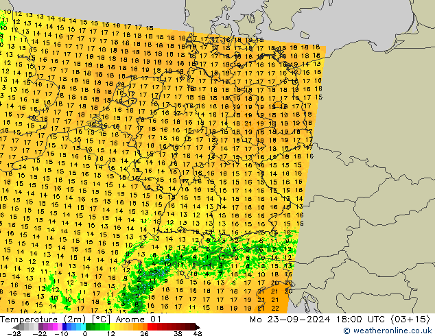 Temperatura (2m) Arome 01 Seg 23.09.2024 18 UTC