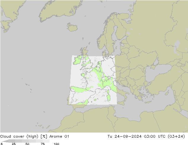 Cloud cover (high) Arome 01 Tu 24.09.2024 03 UTC