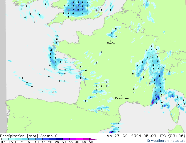 Niederschlag Arome 01 Mo 23.09.2024 09 UTC