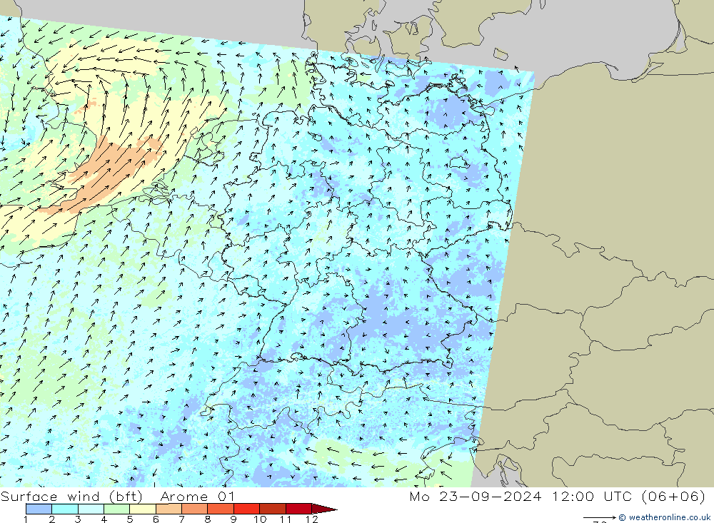 Bodenwind (bft) Arome 01 Mo 23.09.2024 12 UTC