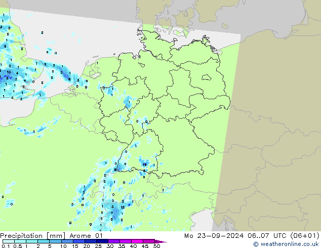 Precipitazione Arome 01 lun 23.09.2024 07 UTC