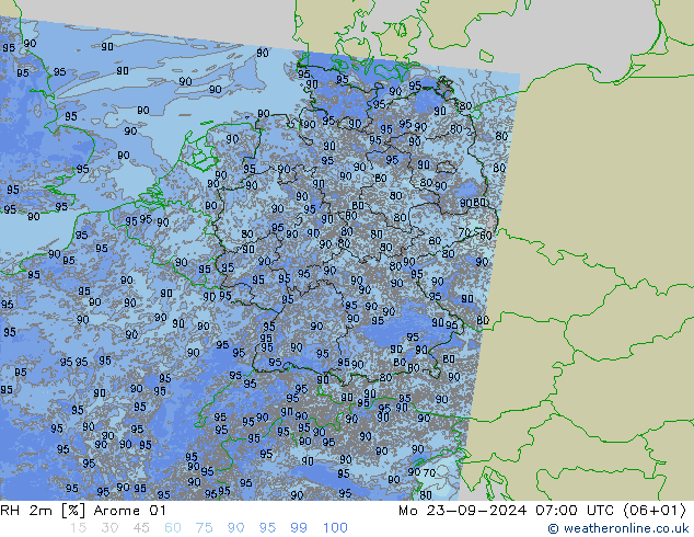 Humedad rel. 2m Arome 01 lun 23.09.2024 07 UTC