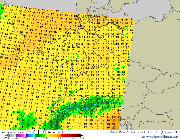 Temperature (2m) Arome 01 Tu 24.09.2024 03 UTC