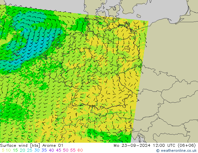 Vento 10 m Arome 01 lun 23.09.2024 12 UTC