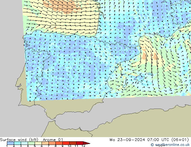 Viento 10 m (bft) Arome 01 lun 23.09.2024 07 UTC