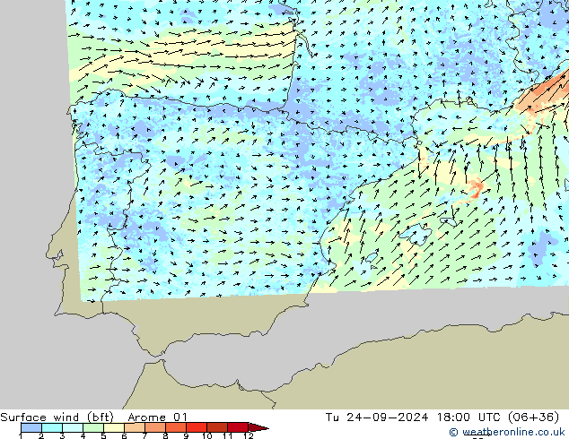 Surface wind (bft) Arome 01 Tu 24.09.2024 18 UTC