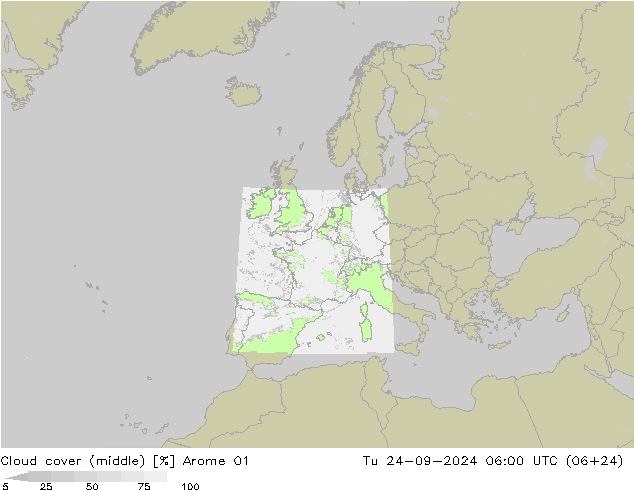 Cloud cover (middle) Arome 01 Tu 24.09.2024 06 UTC